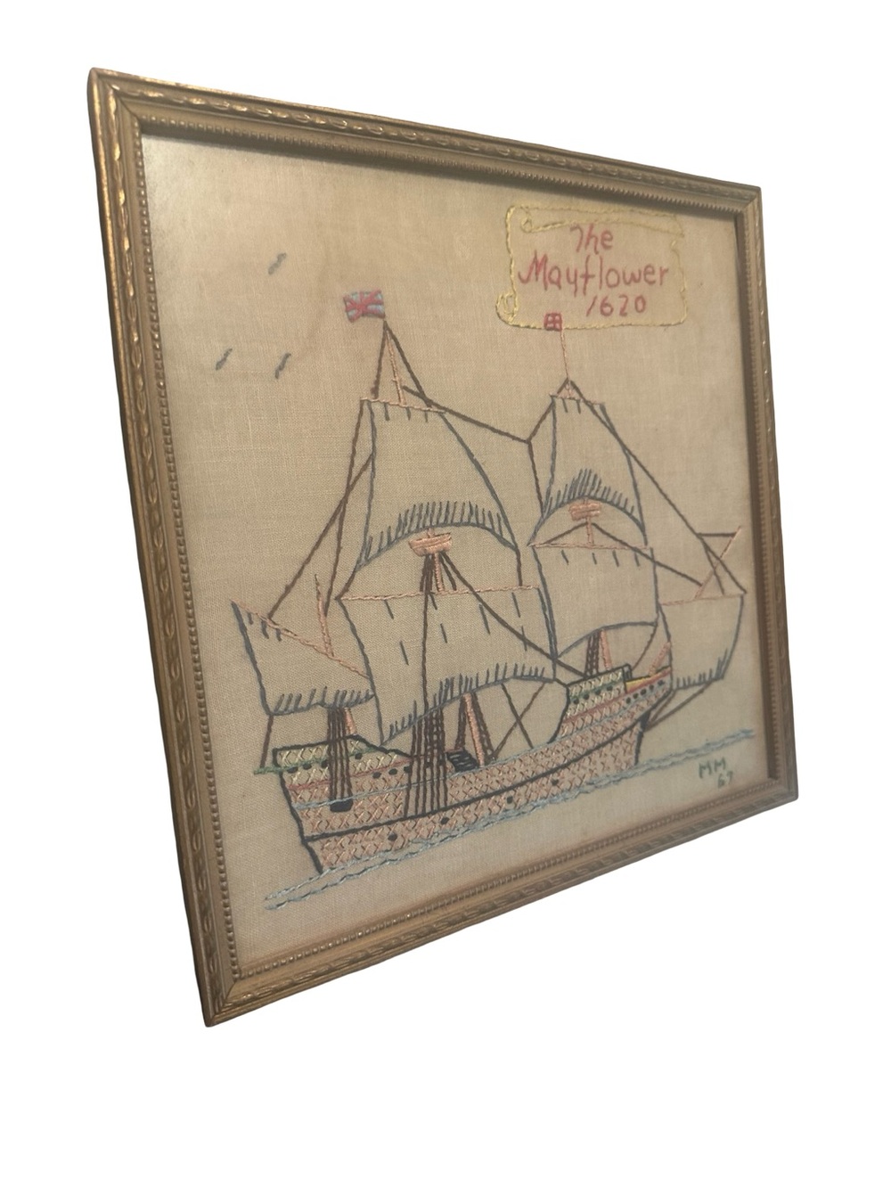 Rare Vintage Embroidered Cross Stitch Ship Sampler - The Mayflower